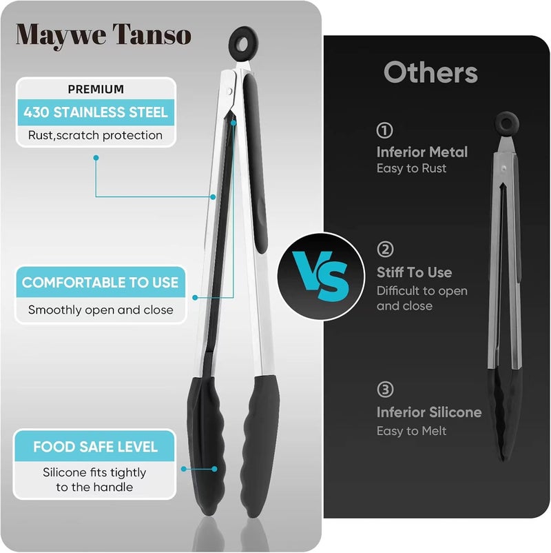 Maywe Tanso 600℉ Heat Resistant Kitchen Tongs for Cooking with Silicone Tips, 12-Inch Stainless Steel Locking Cooking Tongs Food Tongs for BBQ,Cooking,Salad and Serving Food,Heavy Duty,Non-Stick,Black - Image 5